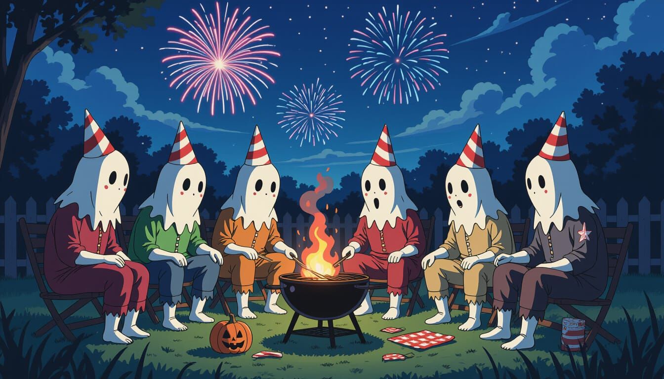 Ghosts' 4th of July Cookout in Vibrant Anime Style