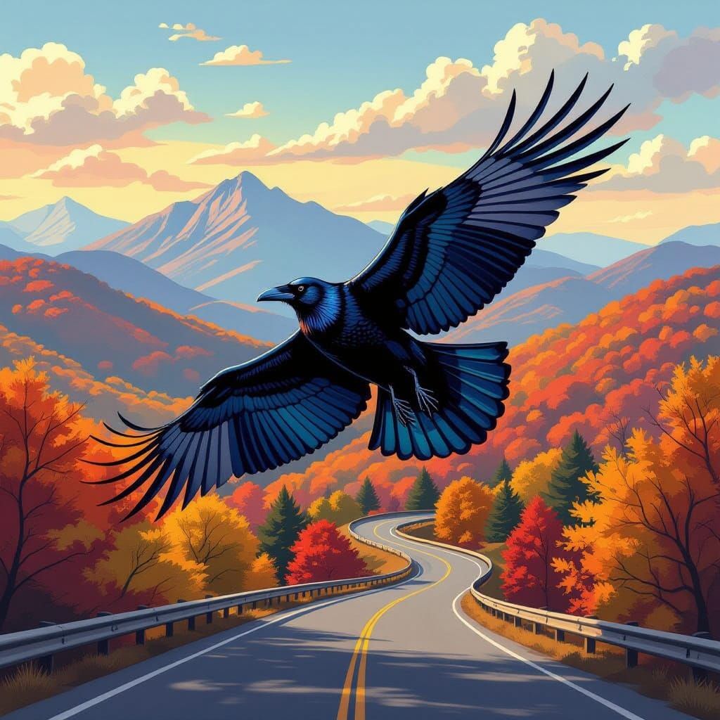 Majestic Raven Soars Over Autumnal Mountains in Whimsical St...