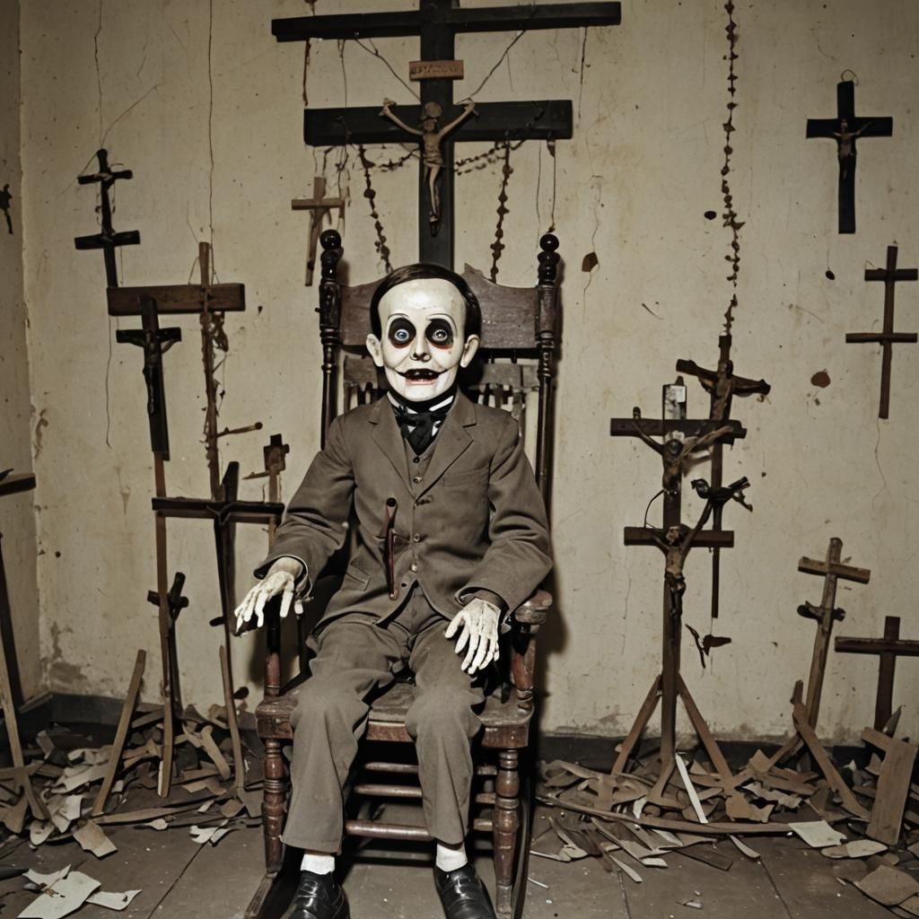 Creepy Ventriloquist Doll in Crucifix Room