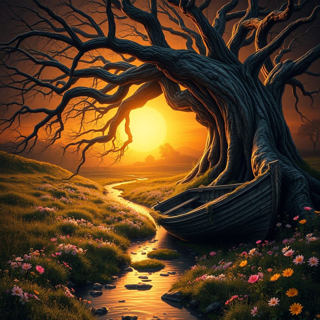 Ancient Tree Guardianship in Golden Twilight