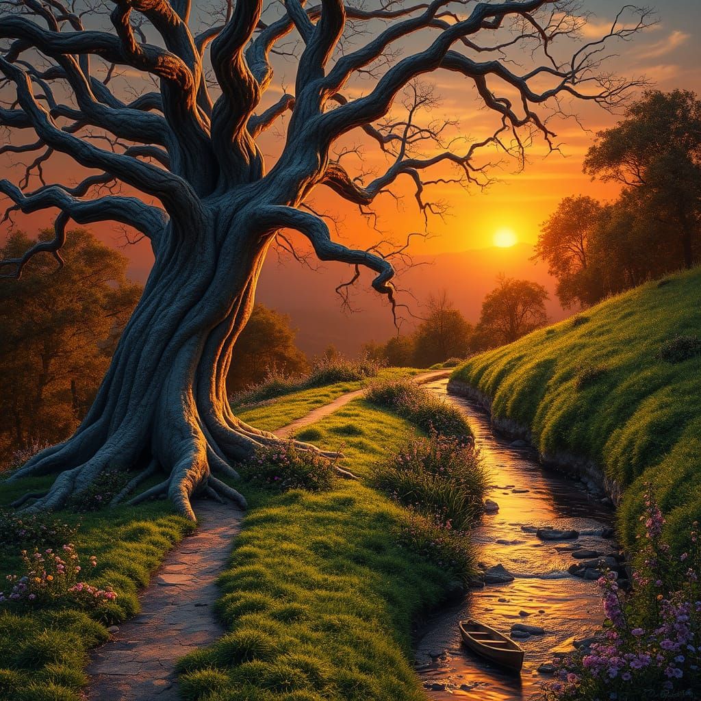 Ancient Tree Stands Sentinel Along Serpentine Stream