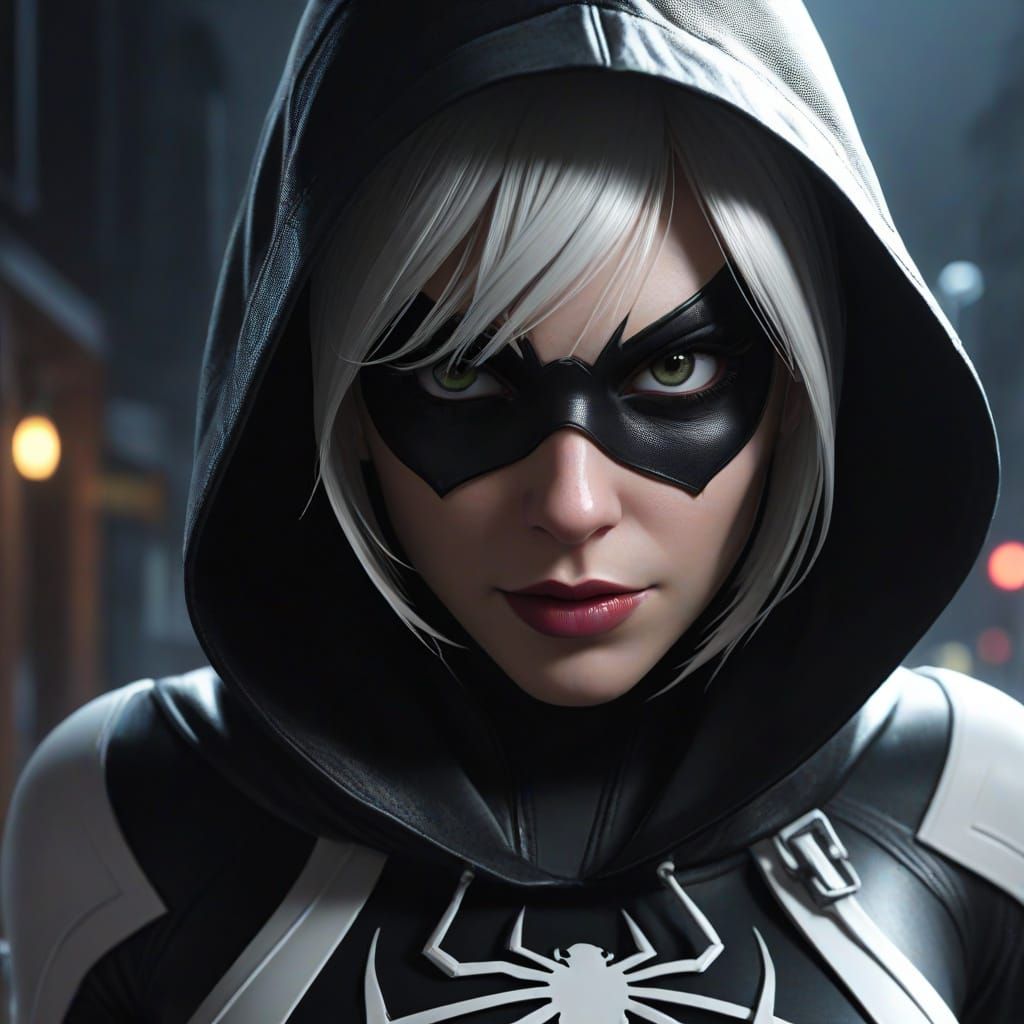 Hooded Spider Gwen in Darkness: Hyperrealistic Concept Art
