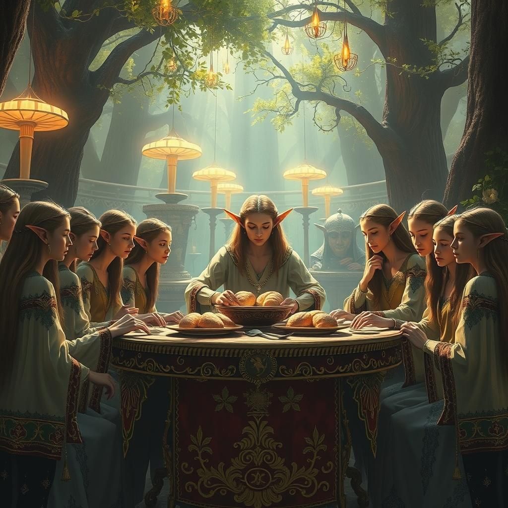 Elves at Ornate Table in Mystical Chamber