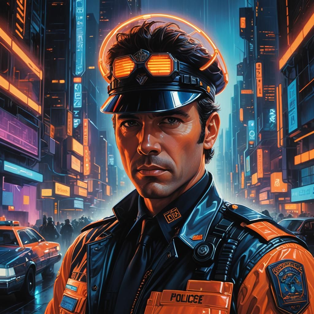 Retro-Futuristic Police Officer Portrait in 80s Sci-Fi Style