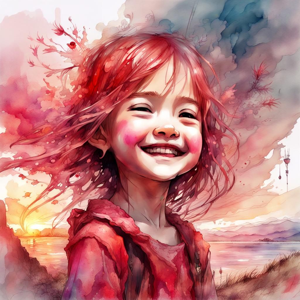 Chibi Raspberry Girl in Watercolor Sunset