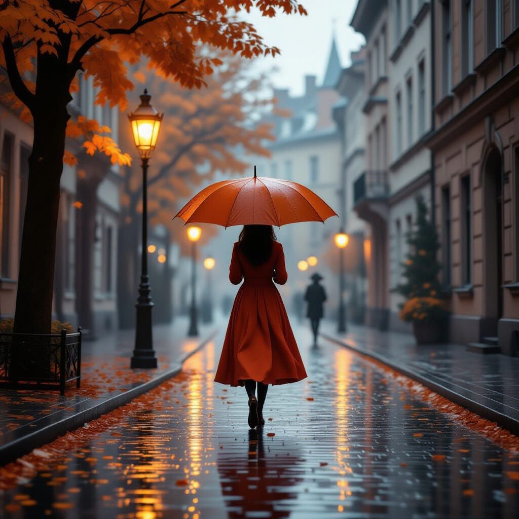 Solitary Figure in Red-Orange Dress Walks Under Umbrella