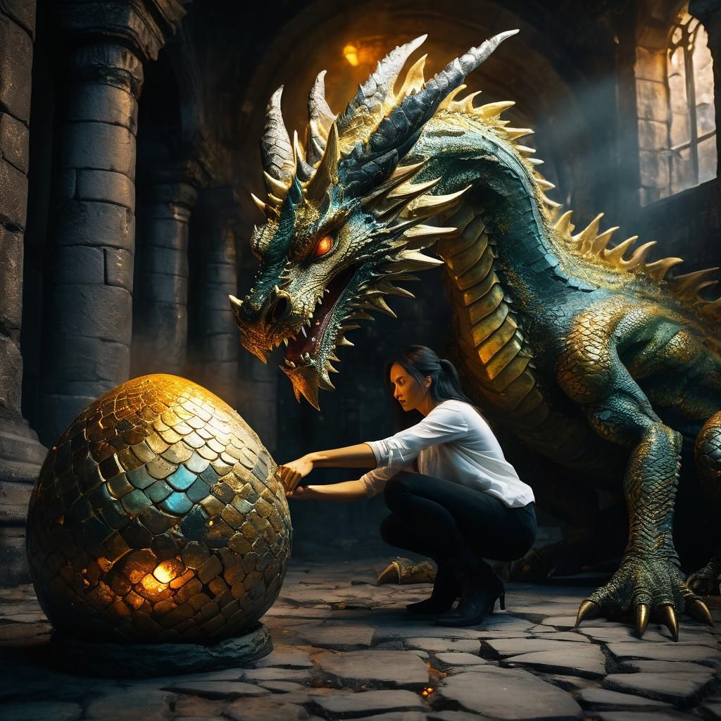 Dragon Guardian Protecting Golden Egg in Surreal Street Art