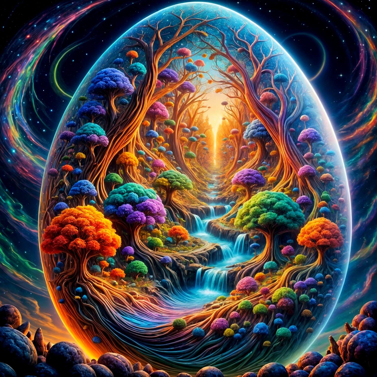 Giant Iridescent Egg With Cityscape, Vibrant Fantastical Nat...