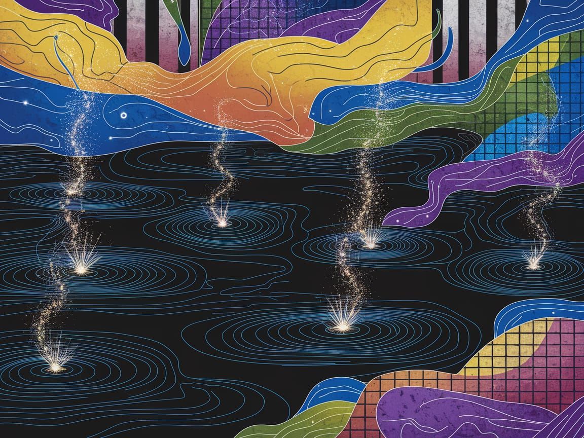 Surreal Landscape with Iridescent Sparks and Pools