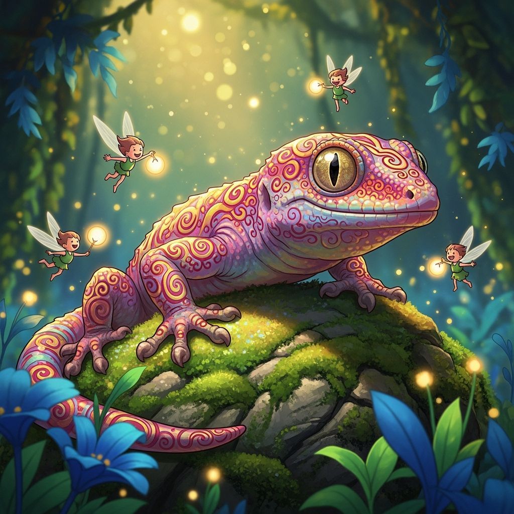 Iridescent Gecko in Ghibli-Inspired Fantasy World