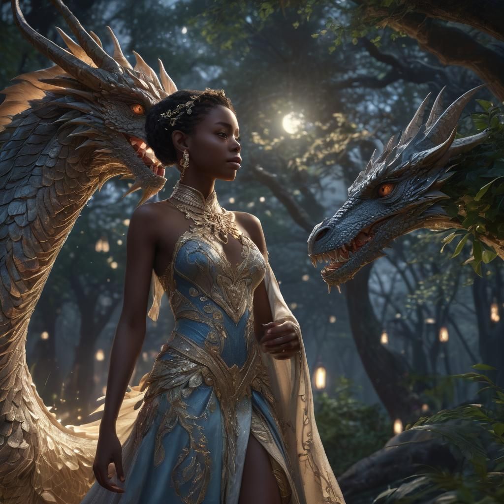 Elf and Dragon Fantasy Art in Moonlight