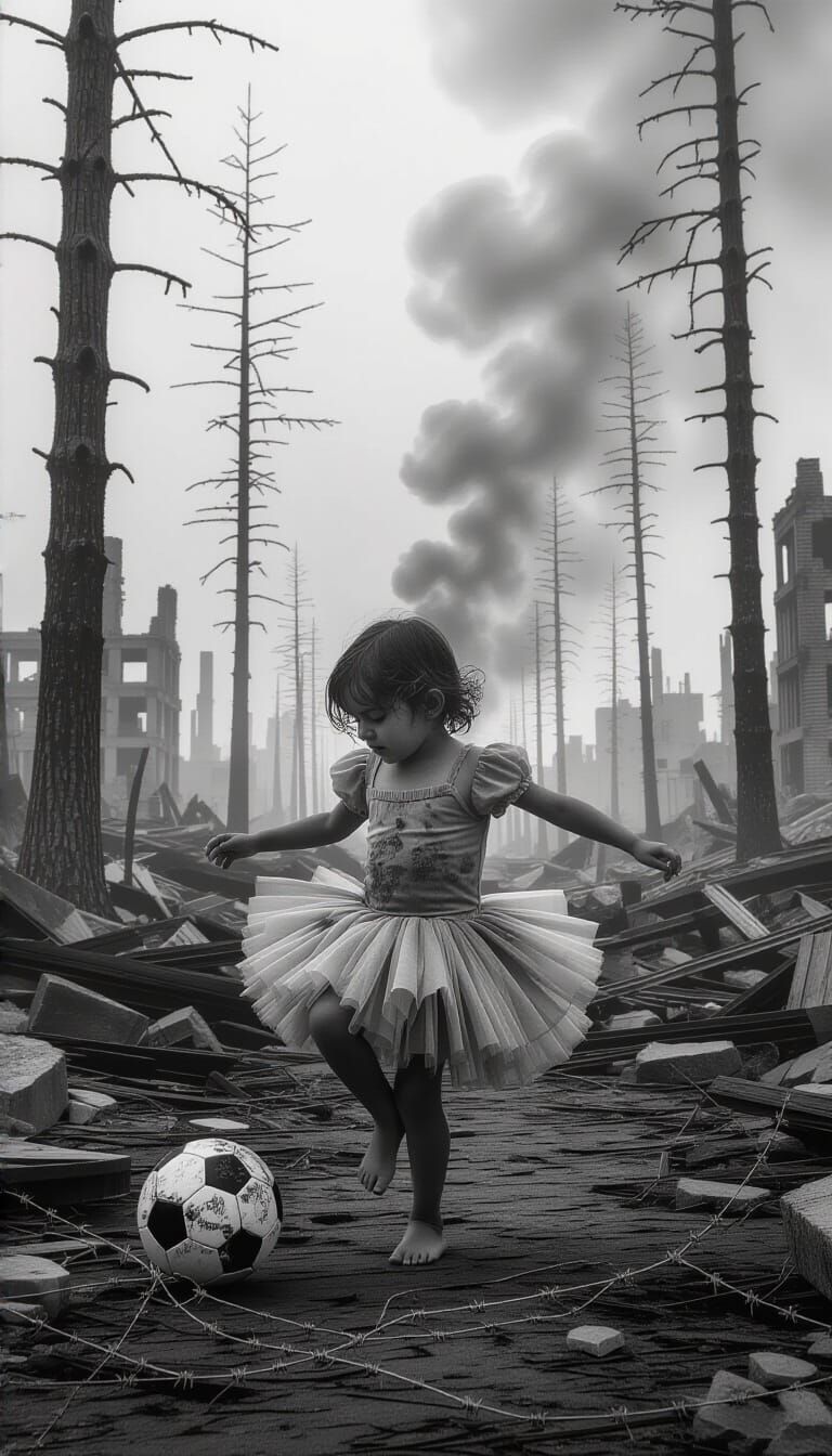Child Dancing in Ruined City: Hyperdetailed Charcoal Drawing