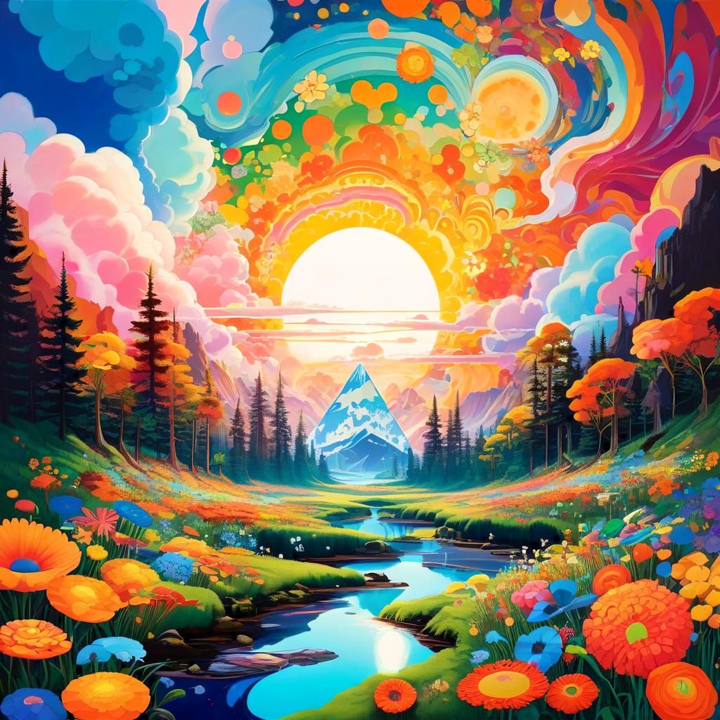 Psychedelic Cel-Shaded Flower Landscape