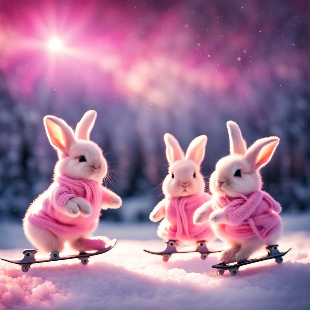 Pink Bunnies Ice Skating Under Northern Lights