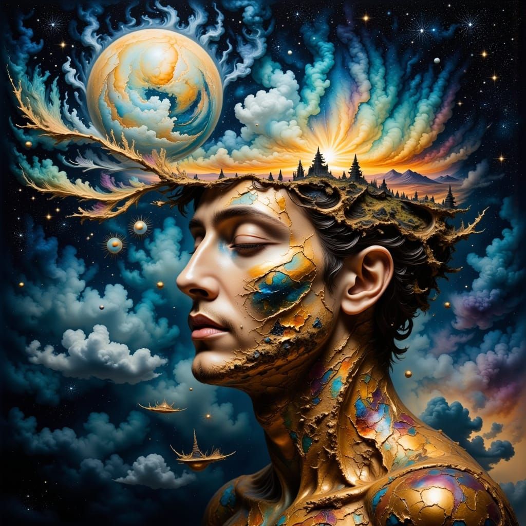 Meditating Man Head Split Between Day and Night Worlds