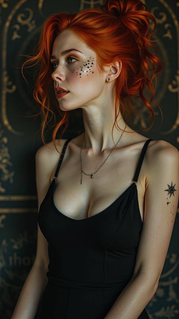Red-Haired Woman with Yellow Eyes in Dark Romantic Style