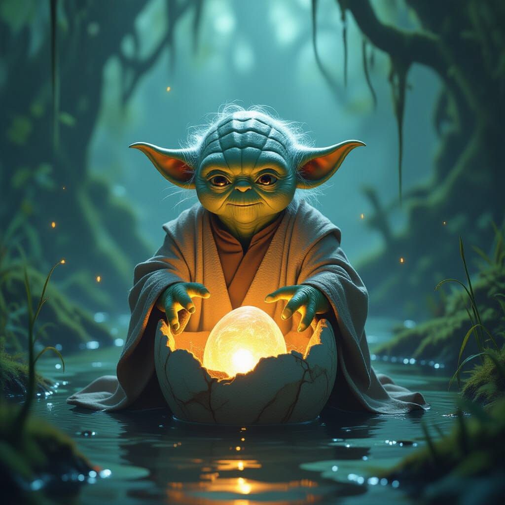 Yoda Hatches From Ethereal Egg in Swampy Landscape