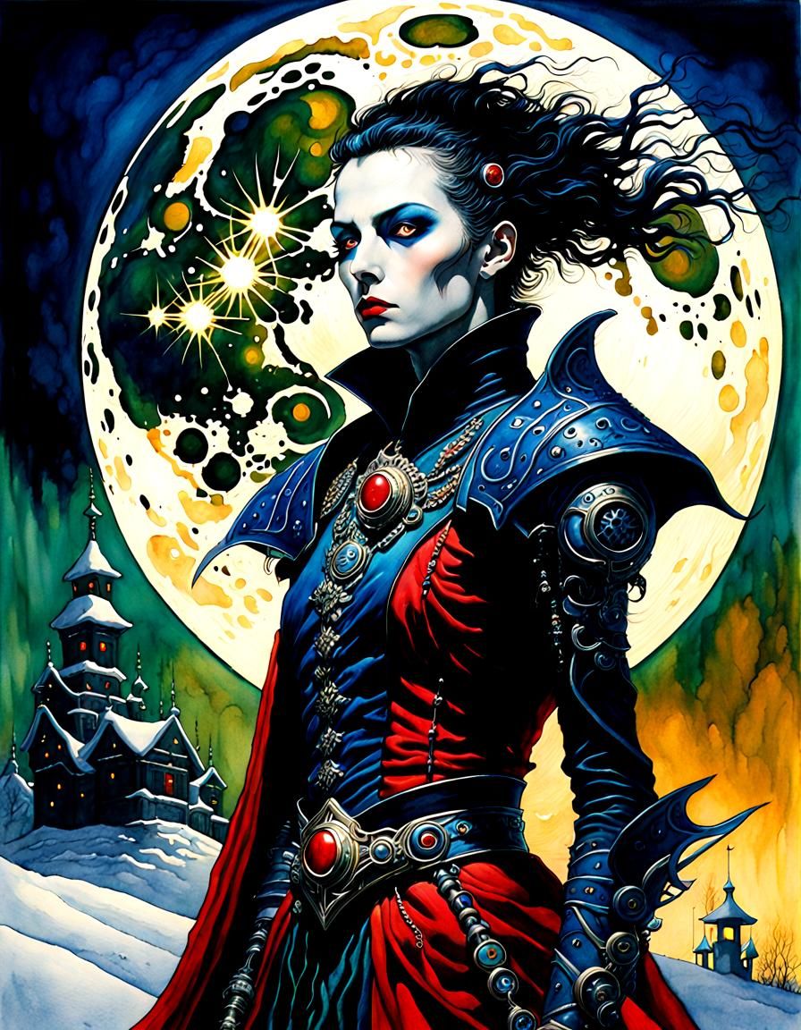 Eldritch evil cyborg alone, full moon night winter : waterco...