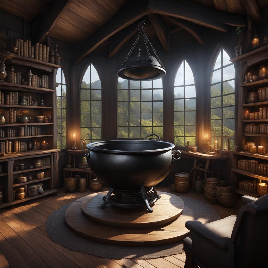 Cozy Witch Hut Interior with Bubbling Cauldron