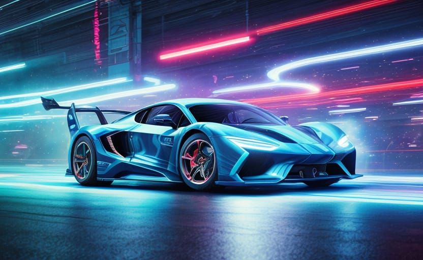 Hyper-Futuristic Car Races in Cyberpunk Style