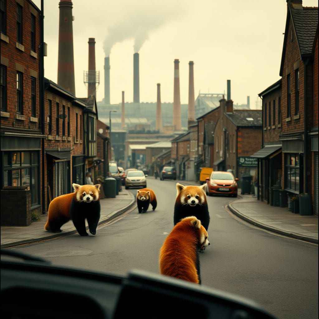 Red Pandas in Northern England Town, LS Lowry Style