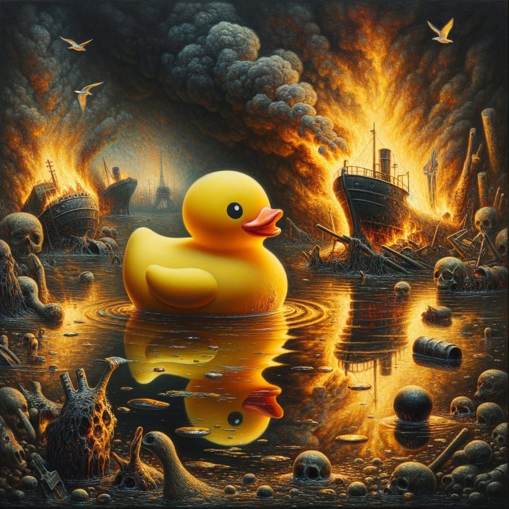 Darkly Beautiful Oil Painting of Rubber Duck in Burning Oil