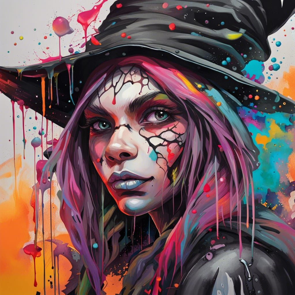 Scary Witch on First Day of School as Graffiti Art