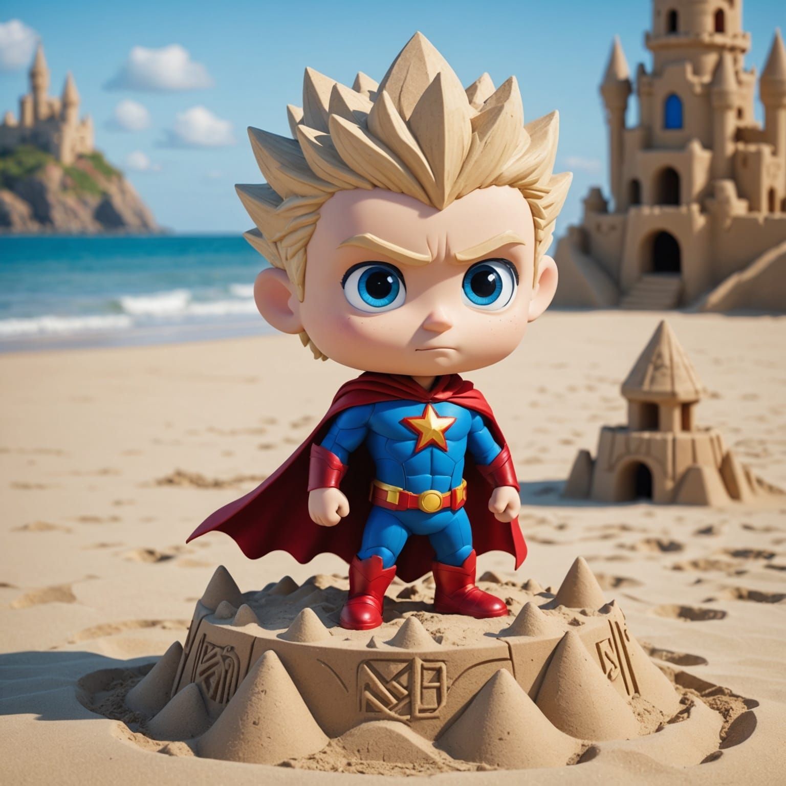 Chibi Superhero on Sandcastle: Animated Beach Scene