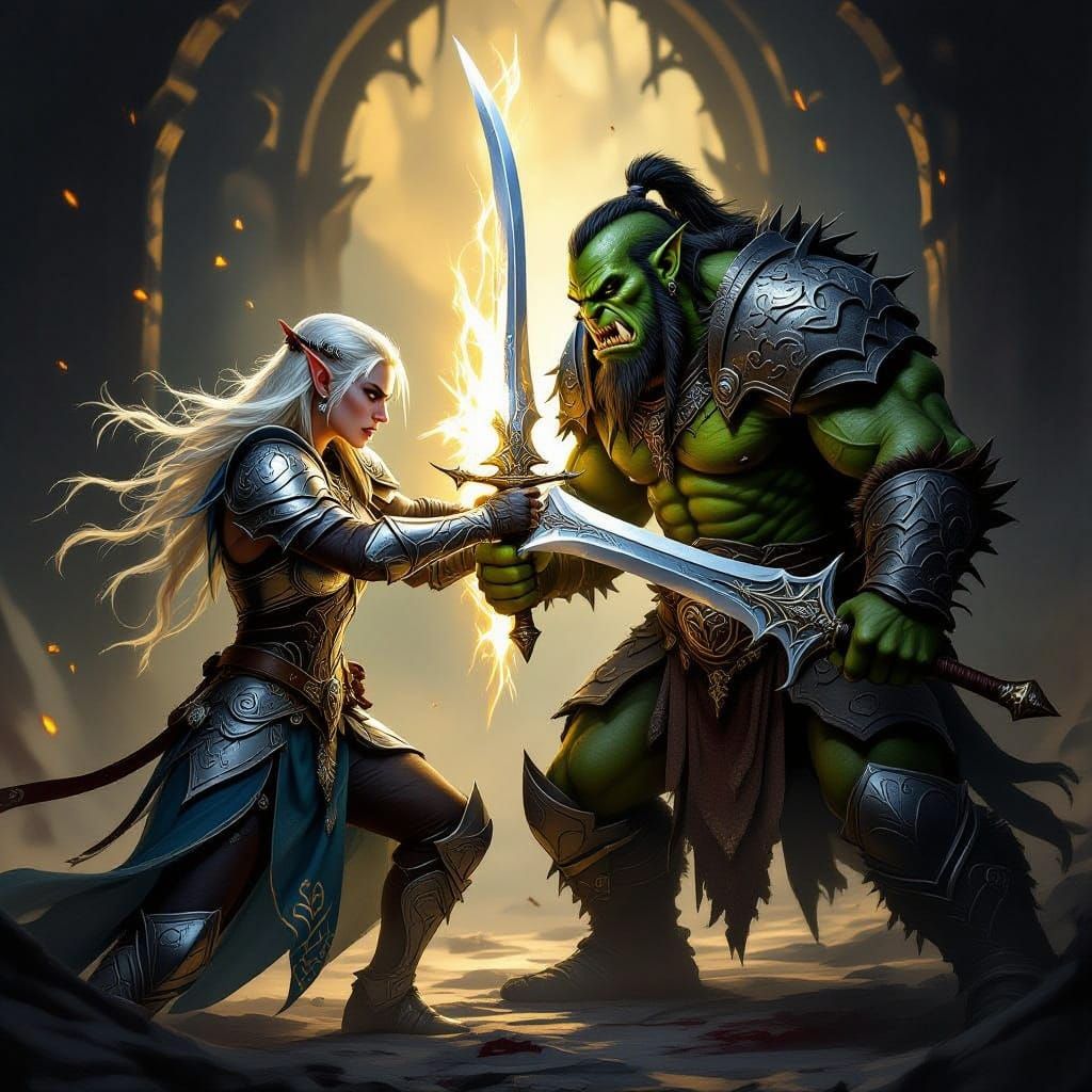 Ethereal Elf Warrior Engages in Fierce Sword Clash with a Hu...