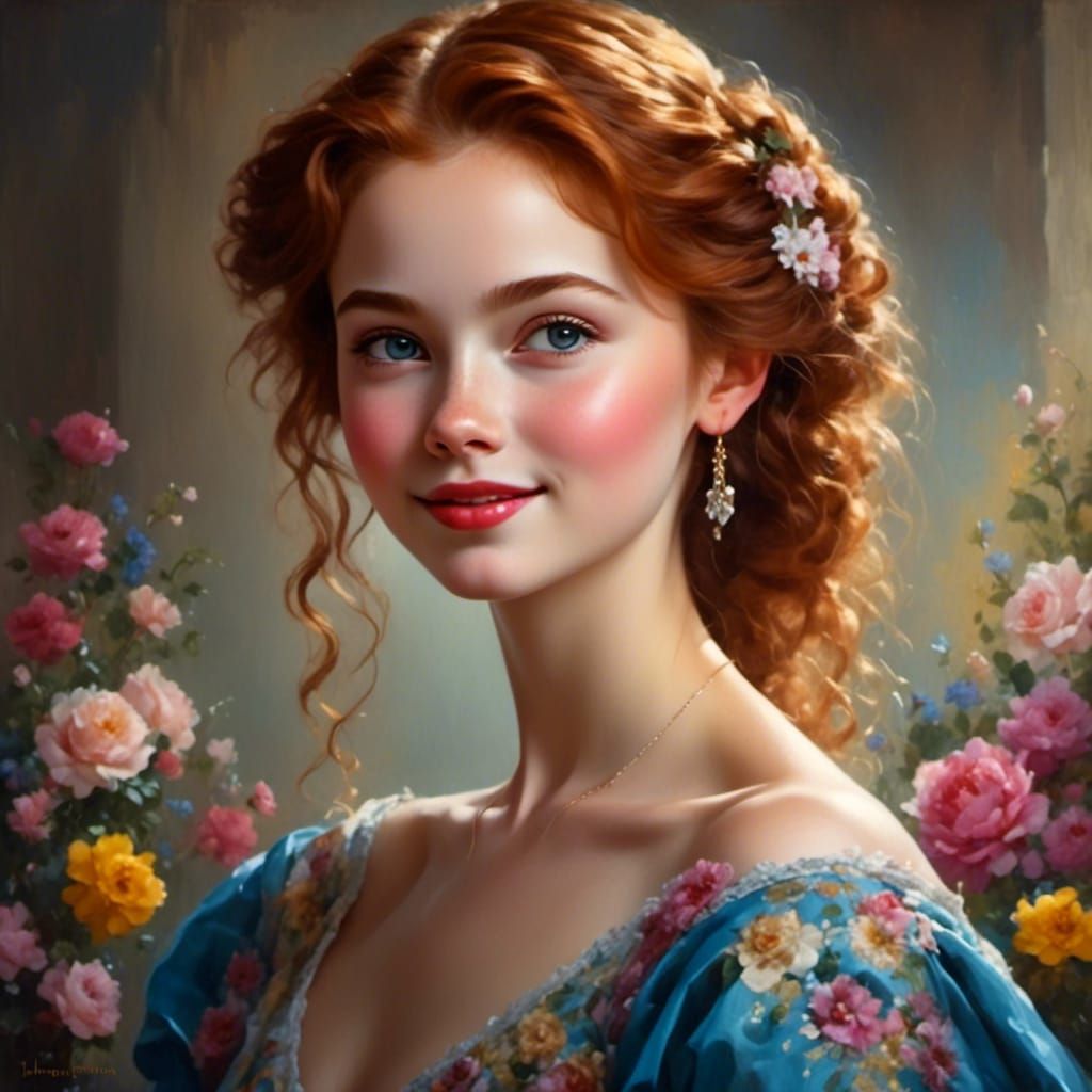 Auburn-Haired Beauty in Regal Gown, Oil Painting