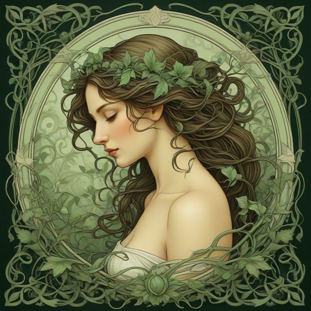 Art Nouveau Portrait of a Woman with Botanical Hair