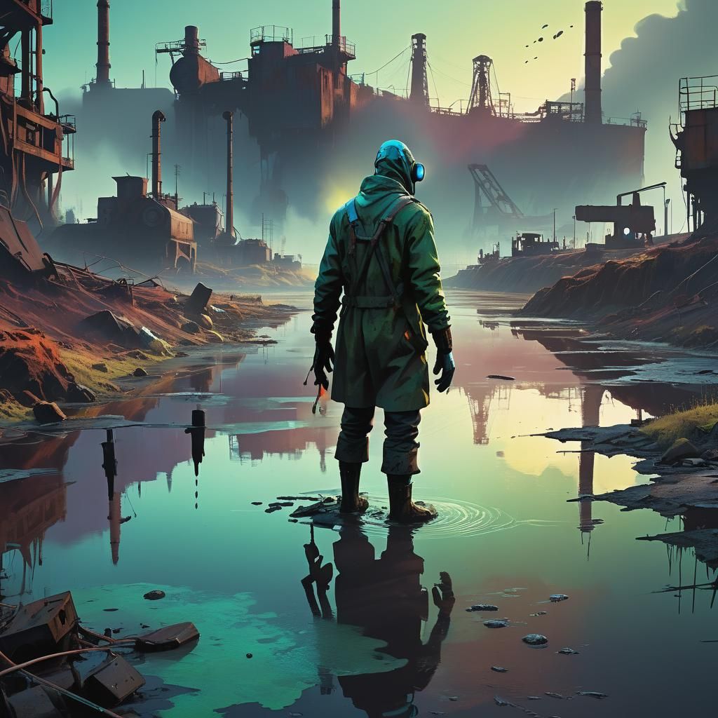 Gloves Figure Reaches for Polluted River in Sci-Fi Art