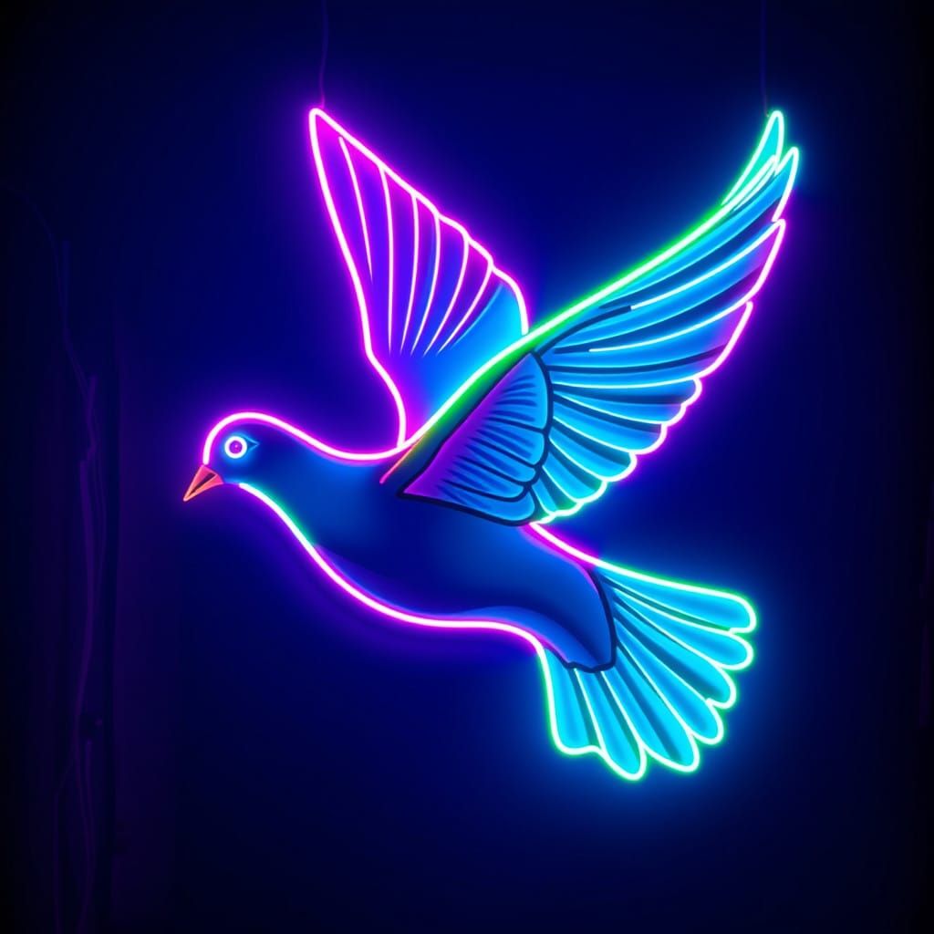 Cubist Dove Illuminated by Neon Lights