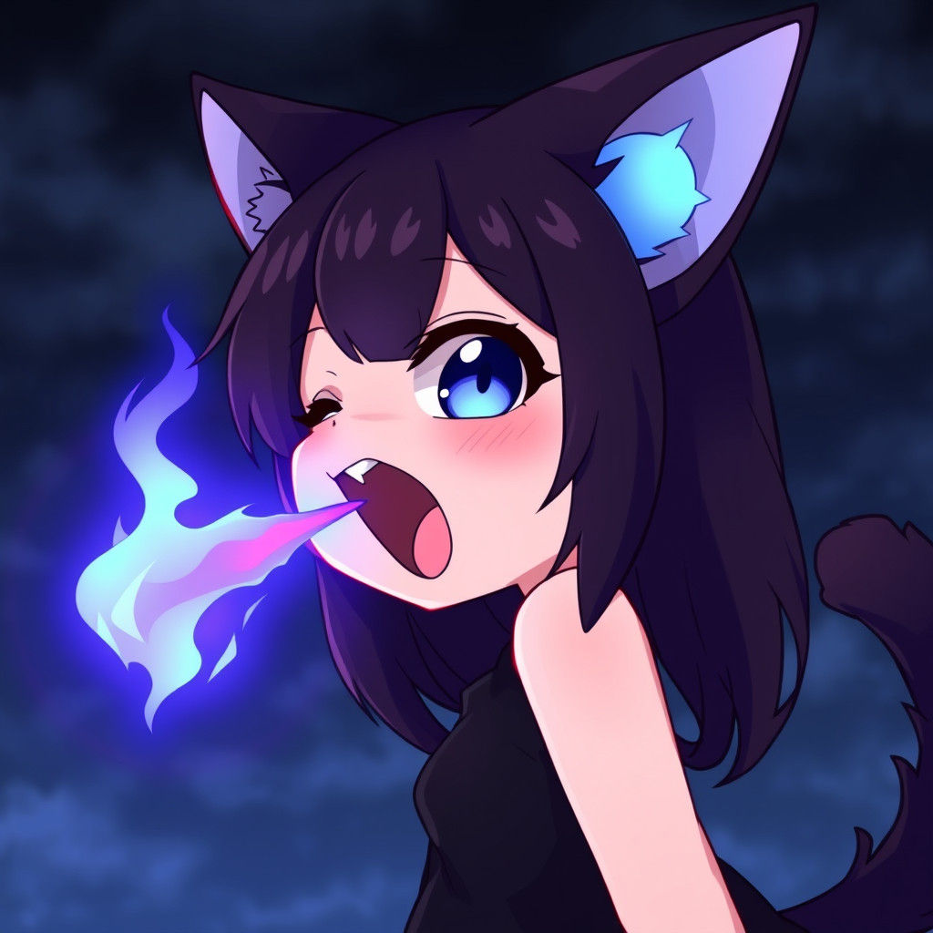 Anime Catgirl Breathing Blue Fire in Darkness