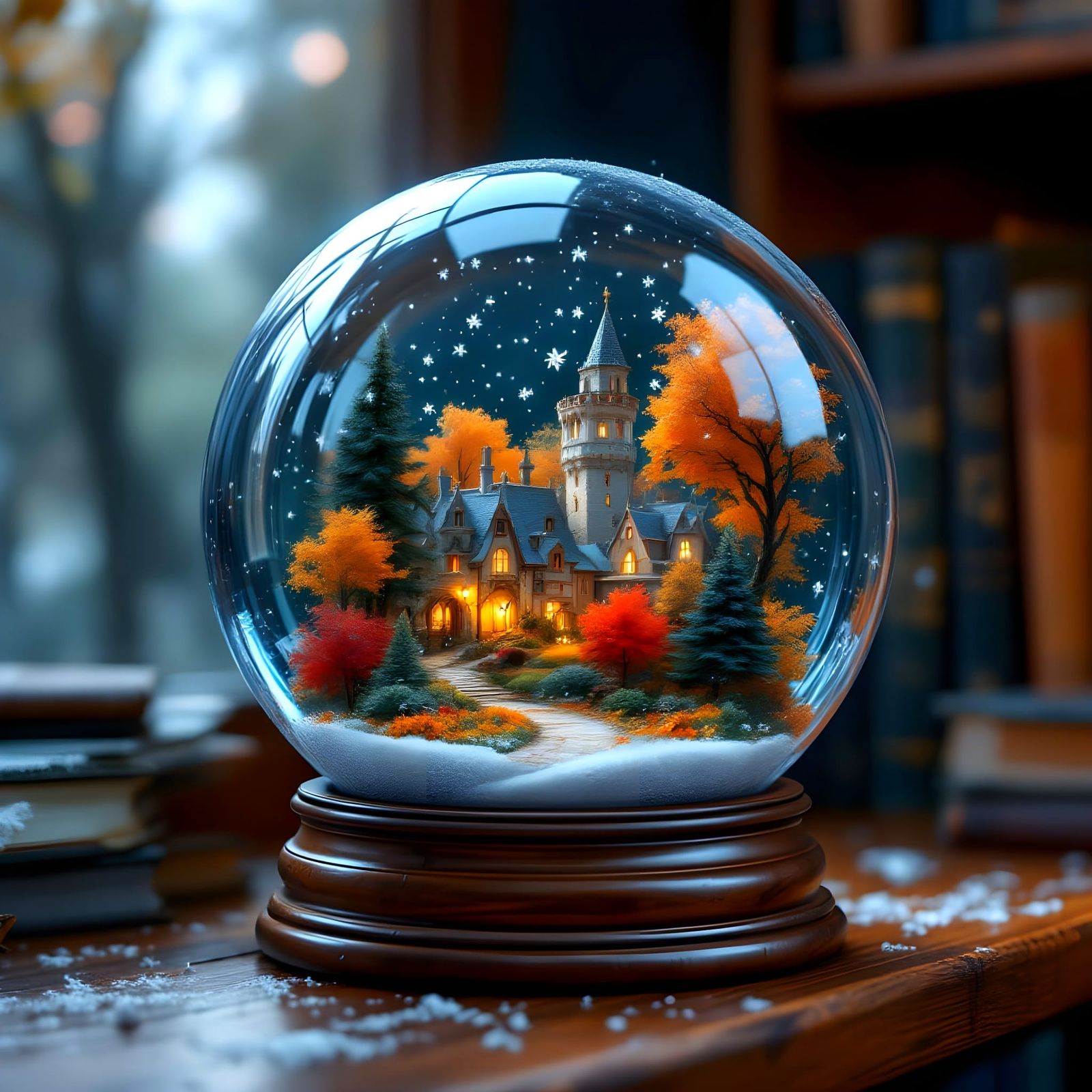 Cozy Snow Globe Village Amidst Autumn Forest in Whimsical Wo...