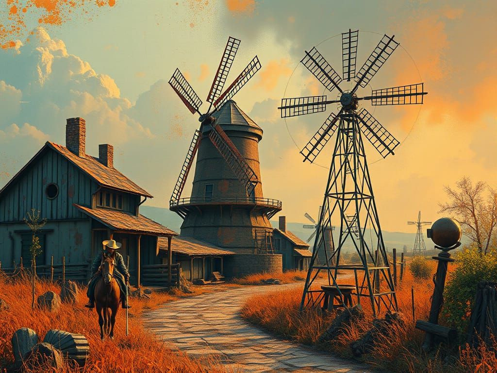 Rustic Country Scene with Industrial Surrealism