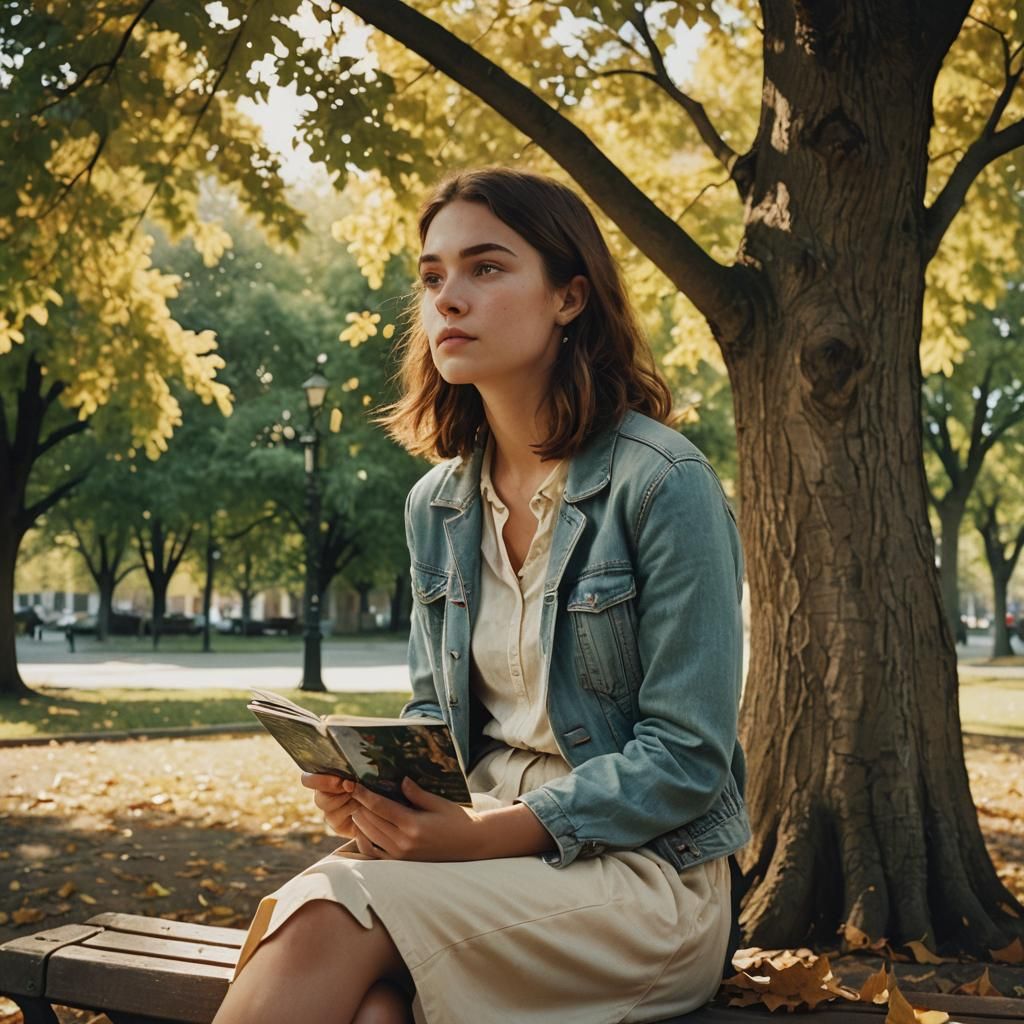Pensive Woman on Park Bench in Cinematic Style