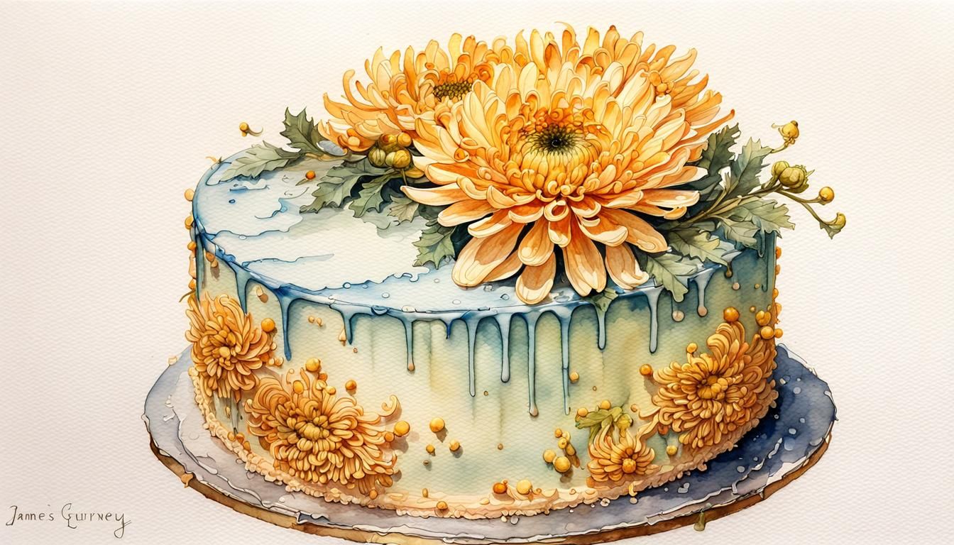 Cake With Golden Chrysanthemum Flowers