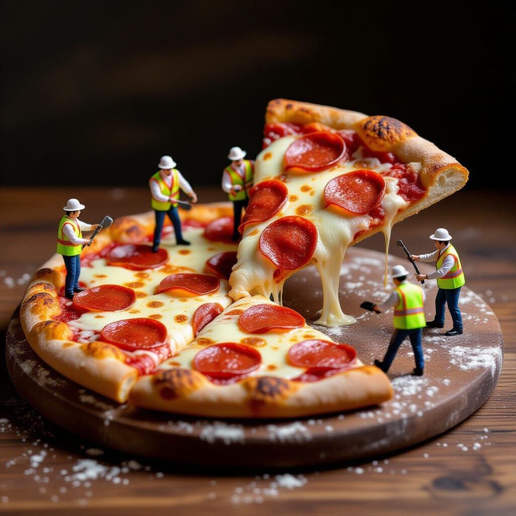 Miniature Workers Assemble Giant Pepperoni Pizza