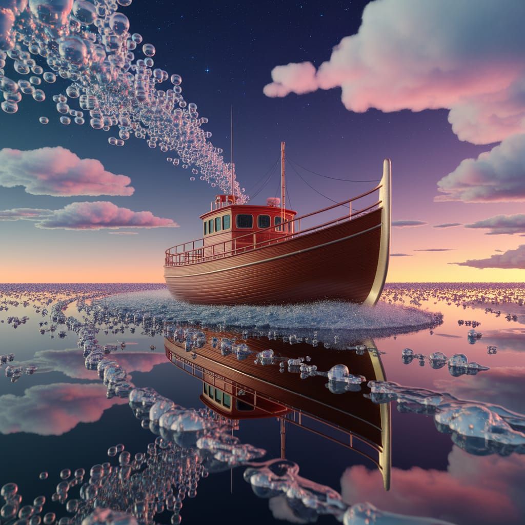 Sleek Wooden Boat Sails Through Liquid Glass Sky