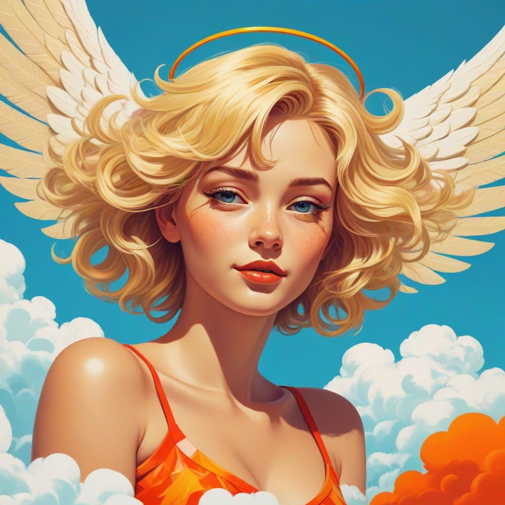Pop Art Blonde Angel on Clouds, Screen Print Style