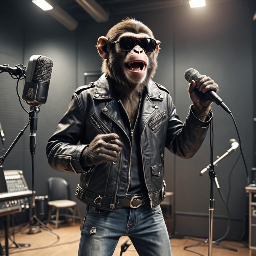 Monkey Singer in Recording Studio: Hyperrealistic Photo