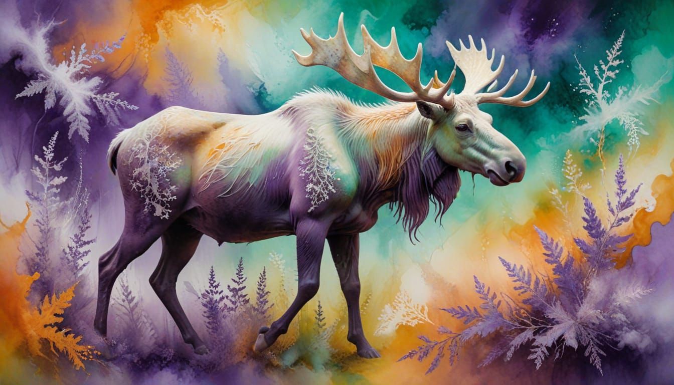 Ethereal Abstract Moose Portrait in Vibrant Ink and Stencil
