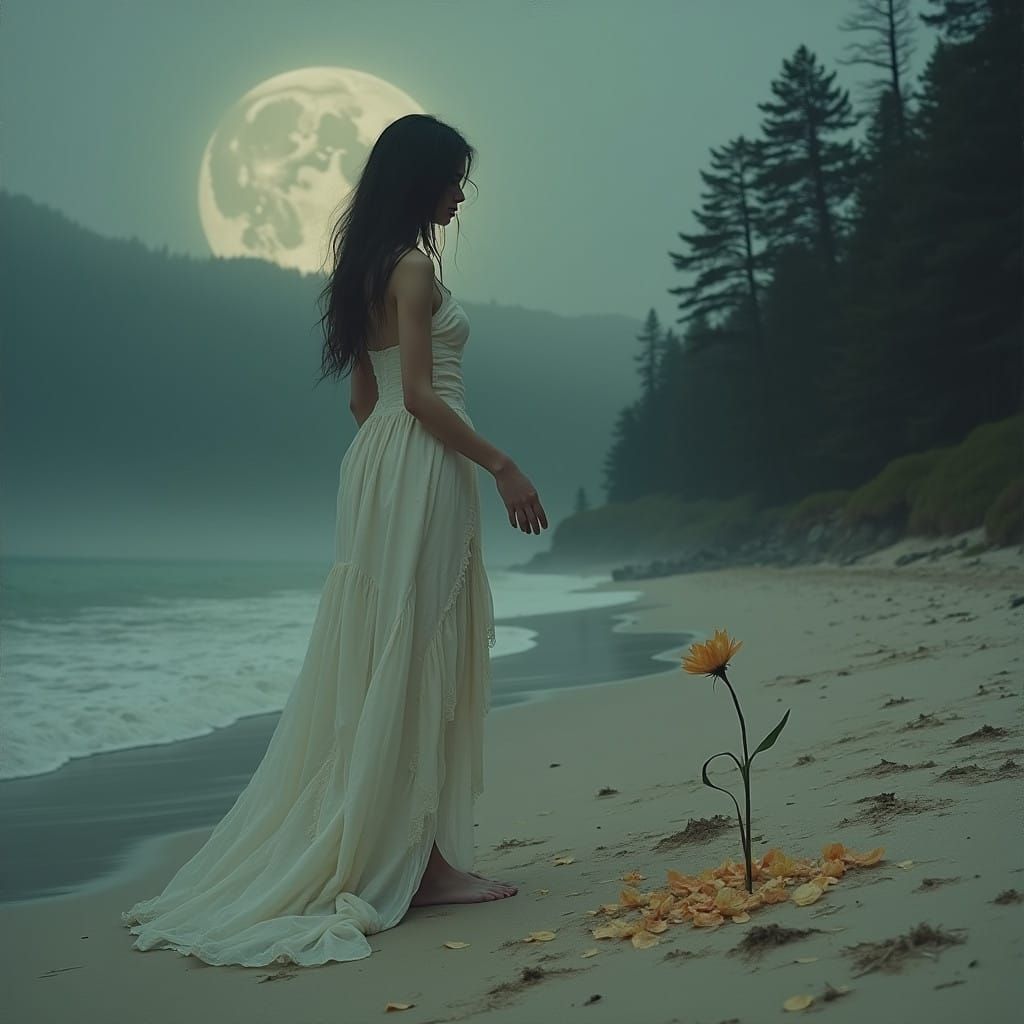 Ethereal Woman on a Moonlit Beach