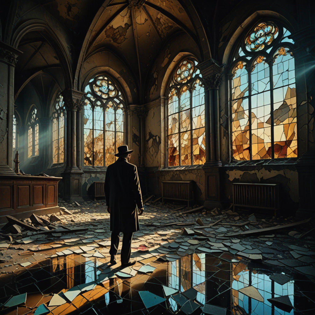 Surreal Oil Painting: Walking on Shattered Glass in a Dimly....