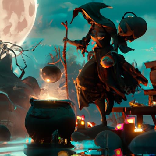 Witch Stirring Cauldron Under Moon, Fantasy Art