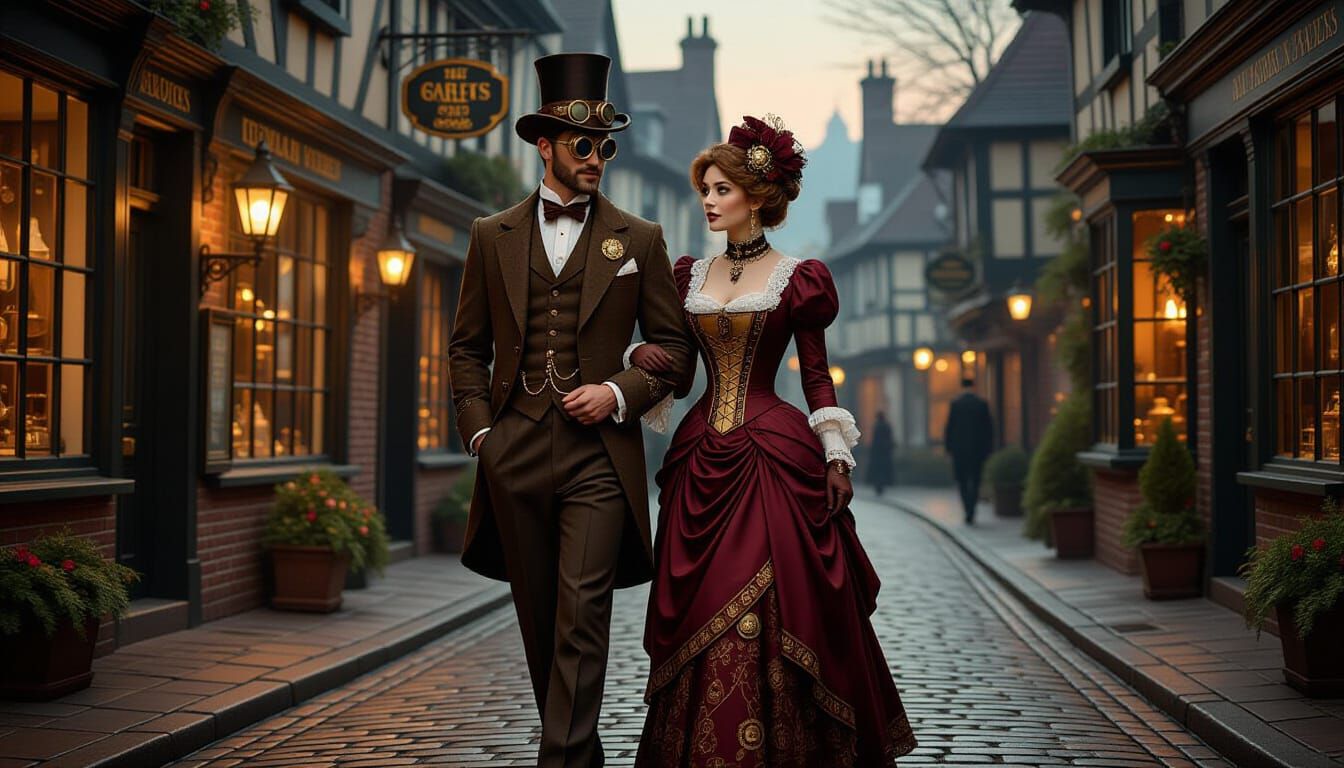 Steampunk Couple in Quaint Village at Dusk Oil Painting