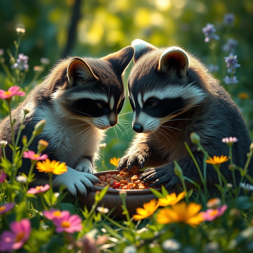 Whimsical Scene of Feline and Raccoon Friends Enjoying a Mea...