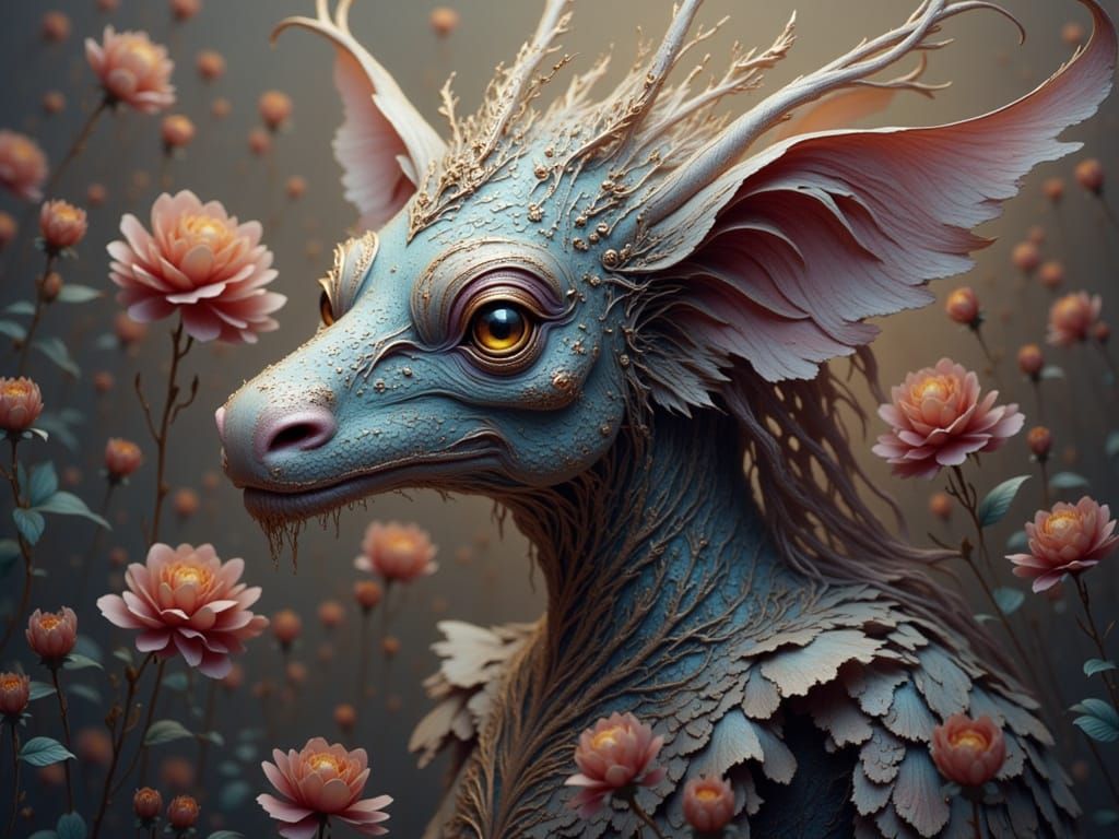 Mystical Creature in Blooming Flowers with Iridescent Scales