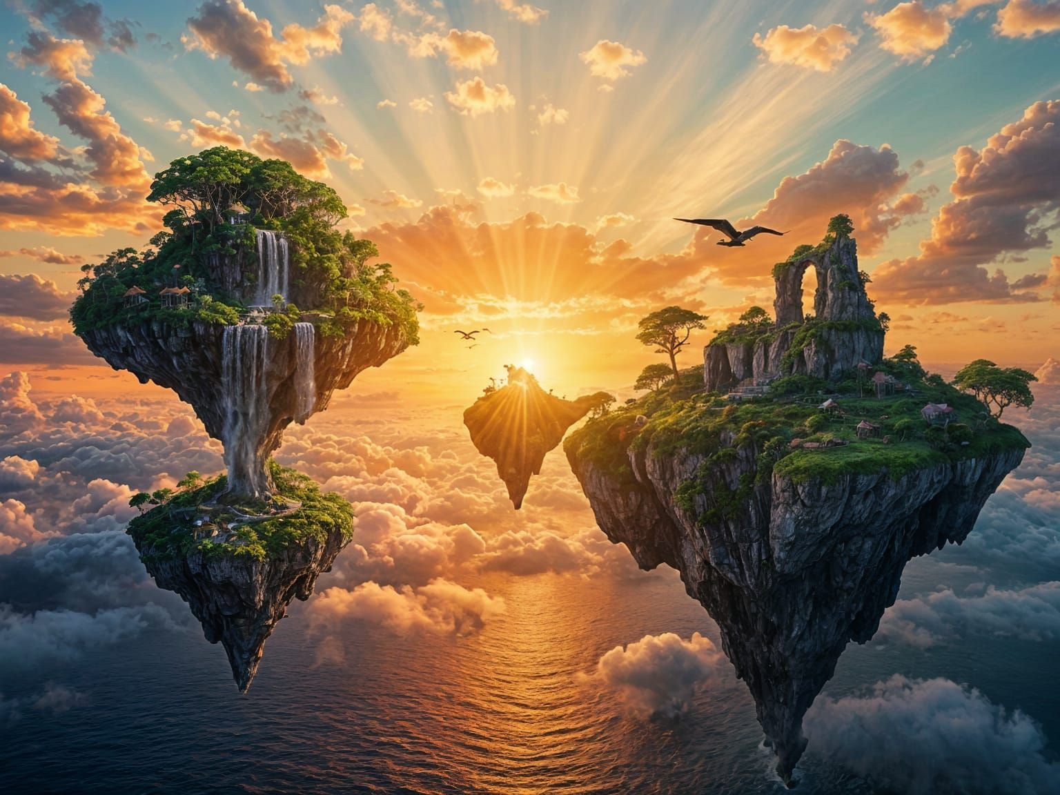 Breathtaking Floating Islands at Sunset in Realistic Style